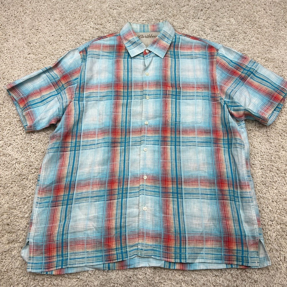 Caribbean Shirt Mens XL Blue Plaid Linen Blend Resort Beach Island Summer Preppy